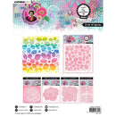 Collection of decorative stencils with colorful patterns and branding on a white background