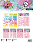 Collection of decorative stencils with colorful patterns and branding on a white background.