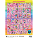 Sticker book with colorful die-cut paper elements on a rainbow gradient background