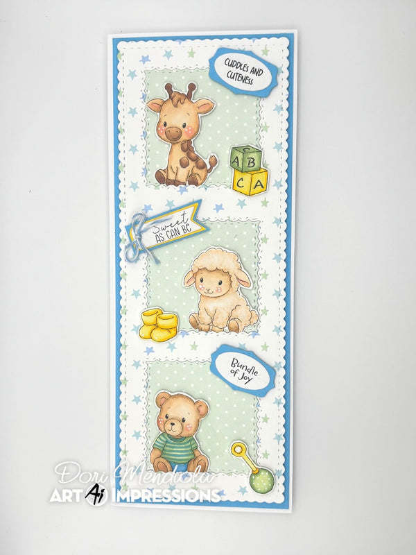 Decorative card with cartoon animals and text on a light gray background