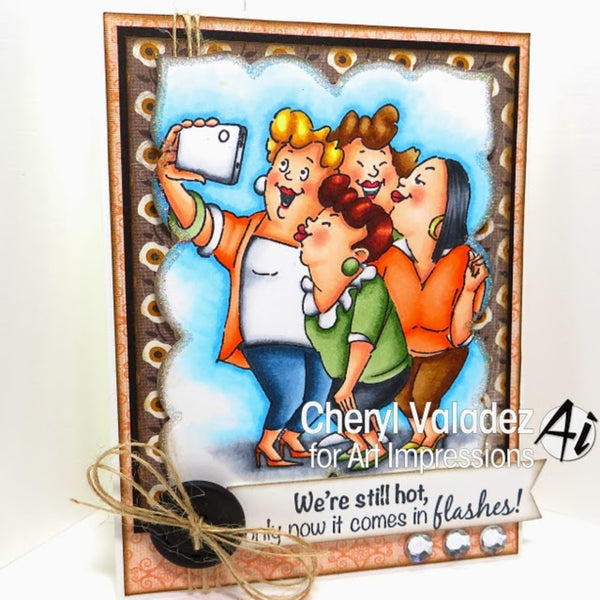 Card with illustration of four people taking a selfie, featuring the brand 'Art Impressions'.