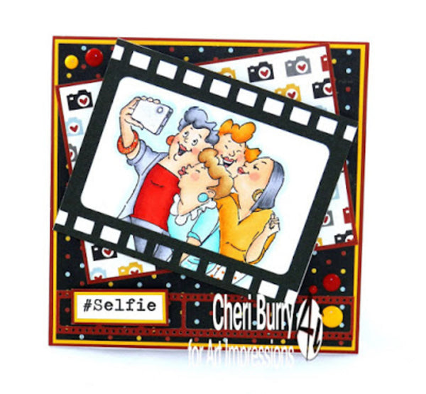 Cartoon illustration of people taking a selfie with a film strip border and 'Cheri Bury' branding.