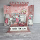 Card with hospital room illustration and 'Here for you' text on a floral background