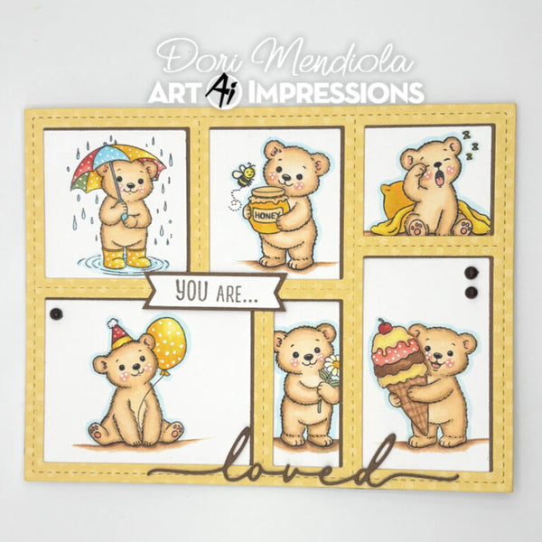 Set of six teddy bear stamps with various poses and accessories on a white background, featuring the Art Impressions brand.