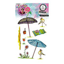 Set of clear stamps with beach-themed illustrations including umbrellas, birds, and flowers on a white background.