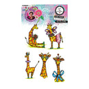 Set of colorful giraffe illustrations with decorative elements on a white background.