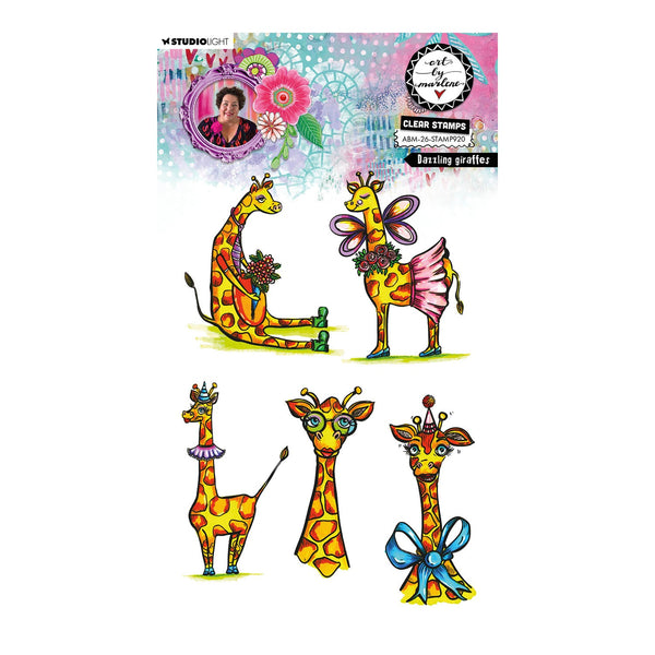 Set of colorful giraffe illustrations with decorative elements on a white background.
