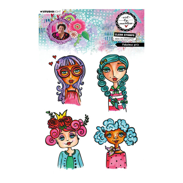 Four colorful illustrated stickers of women with stylized hair on a white background, featuring Studio Light branding.