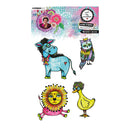 Set of colorful animal stamps with a packaging card featuring a woman's face.