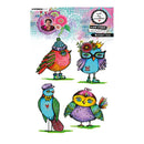 Colorful bird and owl stamps with decorative elements on a white background
