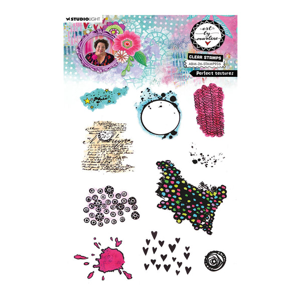 Collection of clear stamps with various designs on a white background