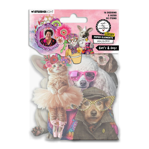 Packaged product with illustrations of cats and dogs wearing accessories on a white background.