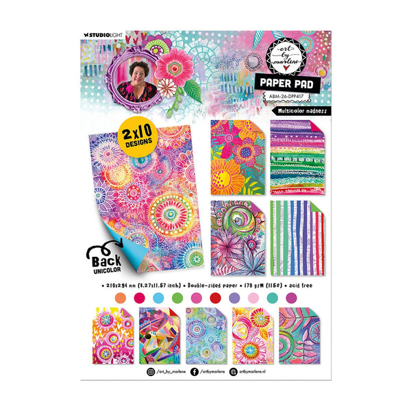 Colorful paper pad with various designs on a white background