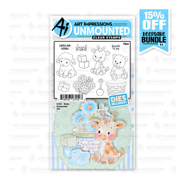 Art Impressions baby-themed clear stamps and dies set on a white background with promotional text.