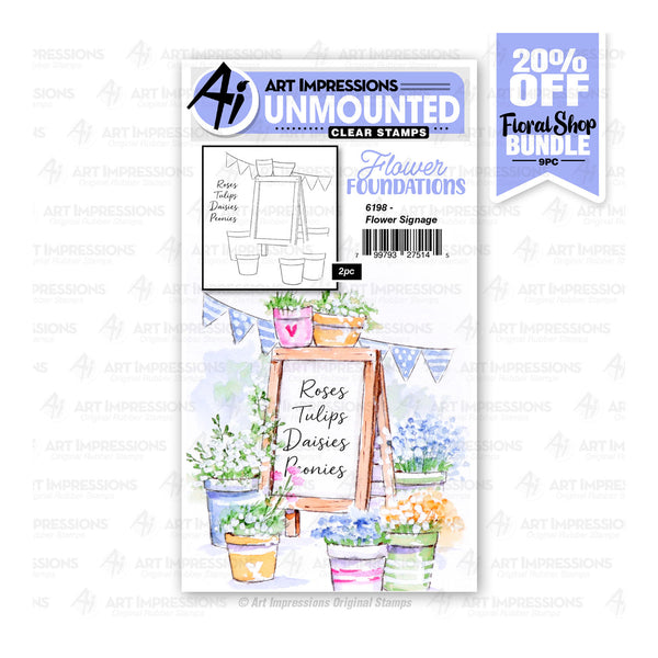 Art Impressions clear stamps packaging with floral design and promotional banner on a white background