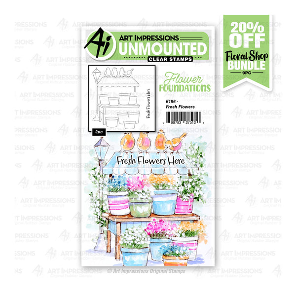 Art Impressions clear stamps packaging with floral design and promotional banner.