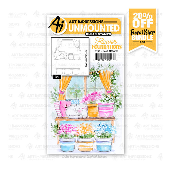Art Impressions unmounted clear stamps packaging with a cat and flower pots illustration on a white background.