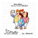 Cartoon of four people taking a selfie with text about still being 'hot' and having 'flashes'.