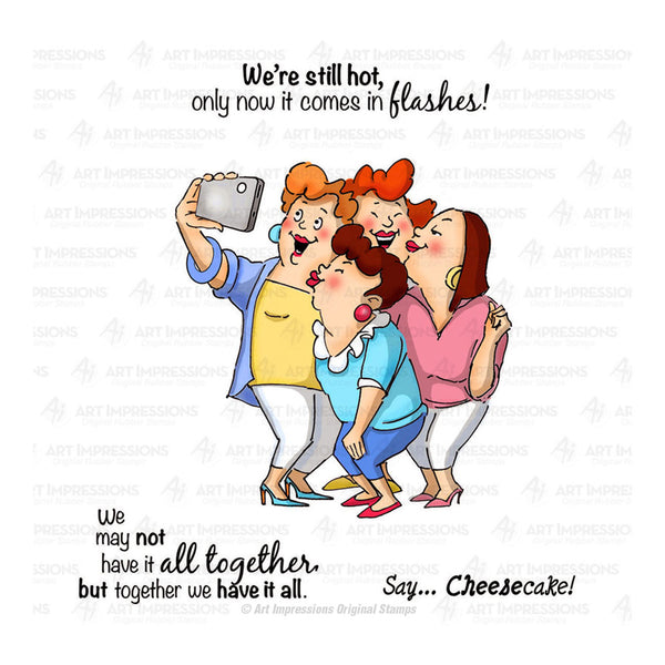 Cartoon of four people taking a selfie with text about still being 'hot' and having 'flashes'.