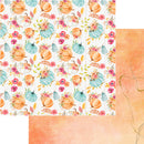 Patterned paper with pumpkins and flowers on a white background, with a peach-colored swatch on the right.