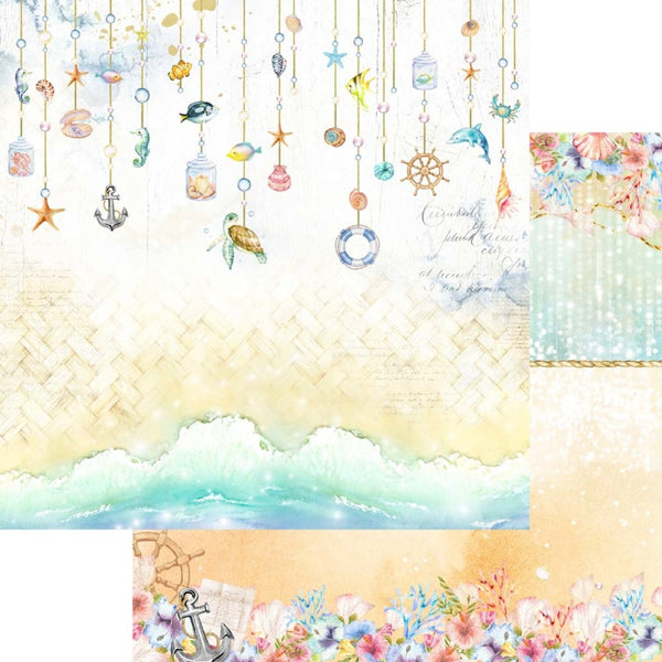 Collage of ocean-themed decorative elements with fish, anchors, and flowers.
