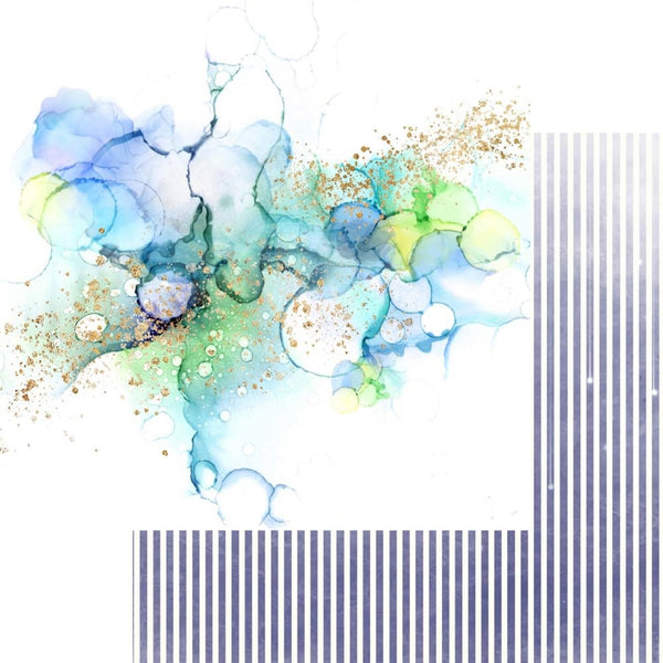 Colorful abstract design with blue, green, and white on a white background