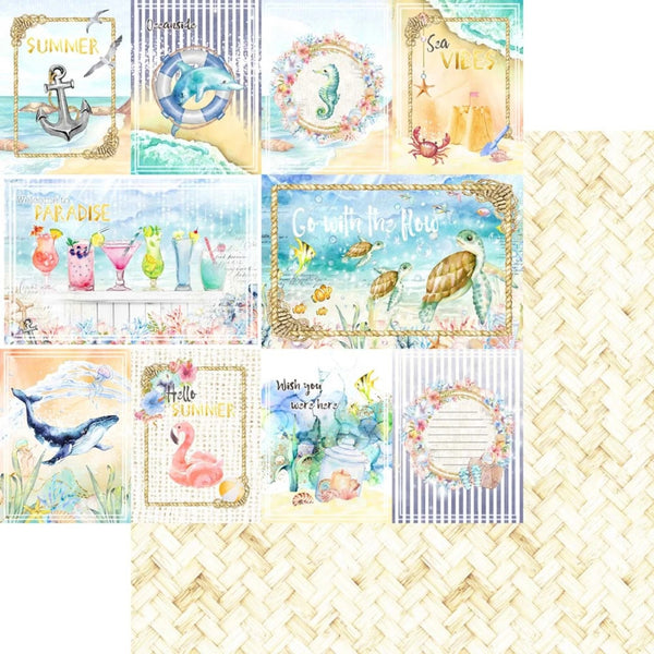 Collection of summer-themed stationery items on a woven background