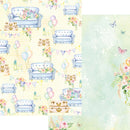 Patterned paper with blue chairs, balloons, and flowers on a yellow background, transitioning to a green background with flowers and butterflies.