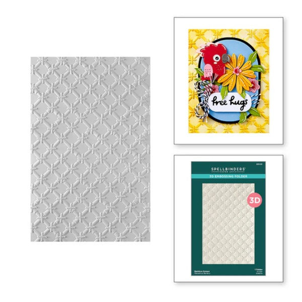 Embossed cardstock with a floral design and 'free hugs' text, alongside Spellbinders embossing folder packaging.
