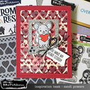 Valentine's Day card with a mouse holding a heart and text 'You make my heart scurry' on a heart-patterned background.