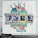 Colorful scrapbook layout with heart designs, photos, and decorative elements on a white background.