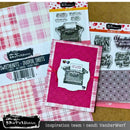 Card-making supplies including paper, stamps, and foil sheets on a brown surface with Brutus Monroe branding.
