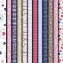 Collection of various patterned paper designs with hearts, polka dots, and text.