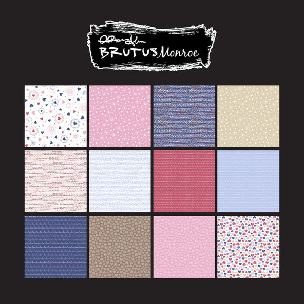 Grid of patterned squares with Brutus Monroe branding on a black background