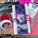 Crafting supplies including paper, stamps, and ink pad on a pink background with Brutus Monroe branding.