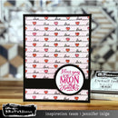Card with 'I love you to the moon and back' text and heart patterns on a blurred background