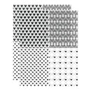 Set of four patterned tiles with different heart designs on a white background