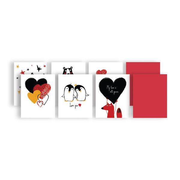Set of greeting cards with various designs on a white background