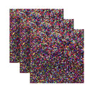 Three sheets of multicolored glitter paper on a white background