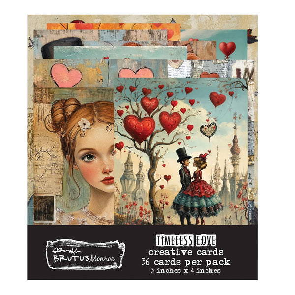 Packaging of 'Timeless Love' creative cards by Brutus Monroe with illustrations of a girl, heart tree, and couple.