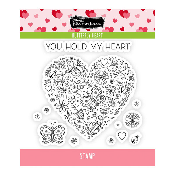 Butterfly Heart stamp with decorative elements on a white background