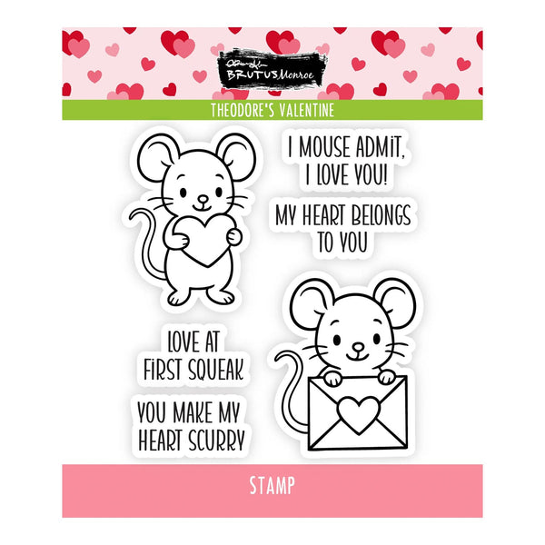 Clear stamps with cartoon mice holding hearts and Valentine's Day text on a pink background with heart pattern.