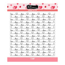 Sheet of 'love' and heart-shaped stamps with a pink border and 'Brigitte' branding.