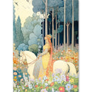 Artistic illustration of a woman in a yellow dress with a white horse in a forest setting.