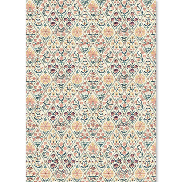 Patterned fabric with a diamond grid design featuring flowers and geometric shapes in pastel colors.