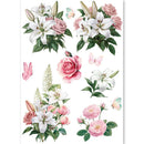 Sticker sheet with white lilies, pink roses, and green leaves on a white background