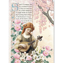 Vintage-style illustration of a woman playing a lute surrounded by flowers and text.