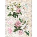 Floral design with lilies and roses on a vintage text background