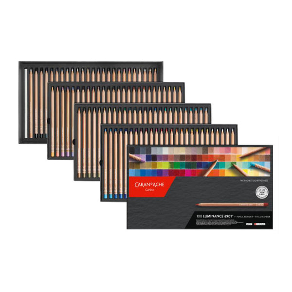 Set of Caran d'Ache Luminance 6901 colored pencils with packaging on a white background