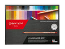 Caran d'Ache Luminance 6901 colored pencil set with color swatches and branding.